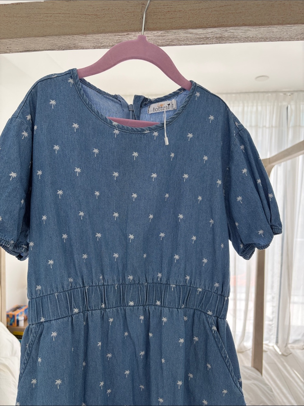 Offi Blue Denim Palm-Print Casual Dress for Kids